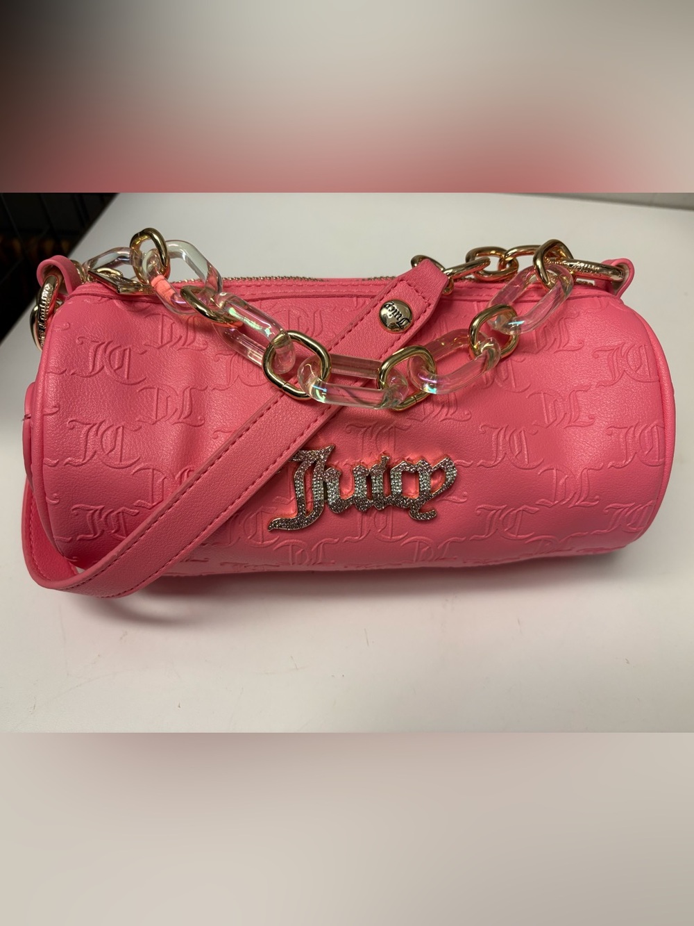 Pink Juicy Couture Bling Bling Roll Bag featuring a Rhinestone Logo Like New